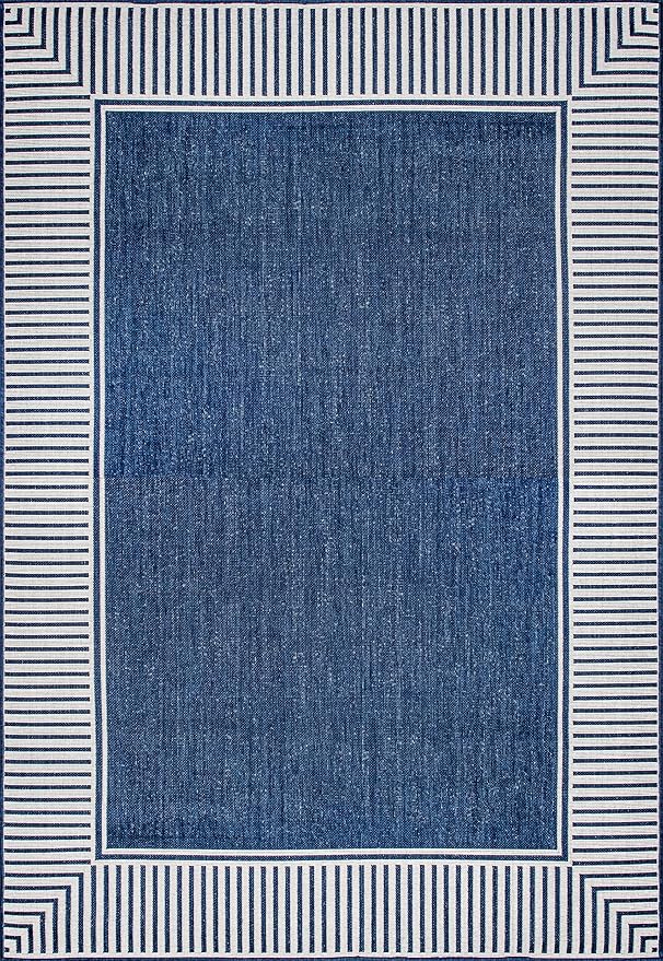 Nuloom Asha Navy/Ivory, 2' x 3', Casual, Striped Border, Soft and Cozy, High Traffic, Easy Clean, Durable Area Rug for Indoor/Outdoor Patio, Deck, Porch, Garden, Courtyard