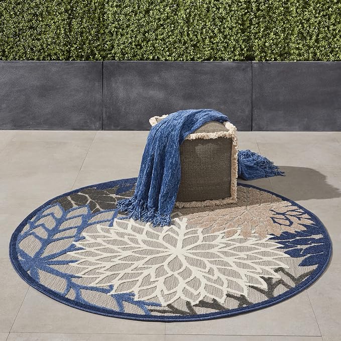 Nourison Home Aloha Indoor/Outdoor Blue/Multicolor 5'3" x Round Area Rug, Tropical, Botanical, Easy Cleaning, Non Shedding, Bed Room, Living Room, Dining Room, Deck, Backyard, Patio (5 Round)