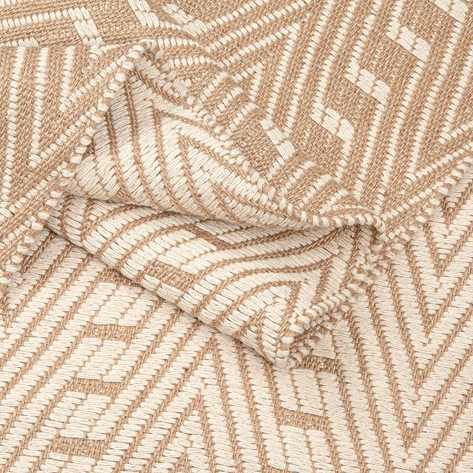 THE BEER VALLEY Jute Cotton Geometric Area Rug 5x7 Feet - Natural White | Large Boho Neutral Fiber Rugs for Living Room, Easy Care Ivory Beige Dining Décor Carpet