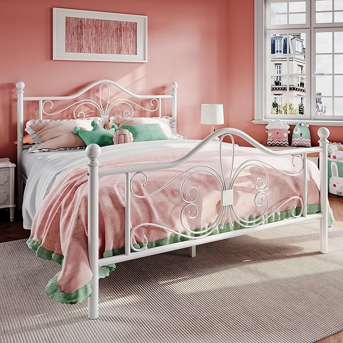 SHA CERLIN Queen Size Metal Bed Frame with Butterfly Headboard, White | Metal Platform Bed for Kids, Wrought Iron-Art Headboard/Footboard, Under-Bed Storage, No Box Spring Needed, Easy Assembly