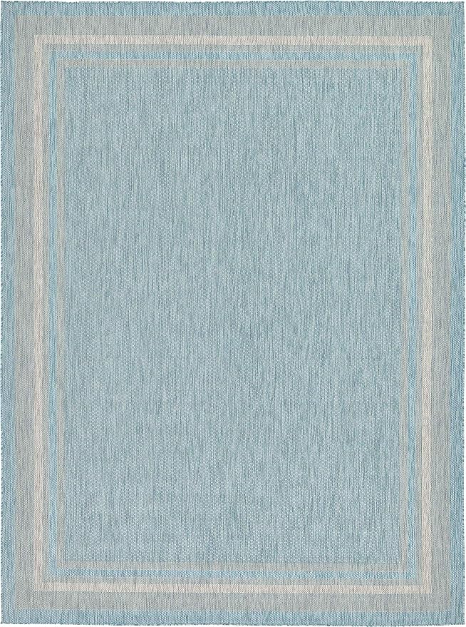 Unique Loom Outdoor Border Collection Area Rug - Soft Border (9'x 12' Rectangle, Aquamarine/ Ivory)