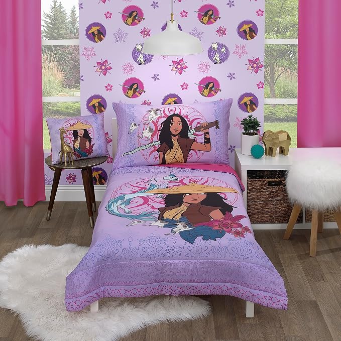Disney Raya and The Last Dragon Mythic Pop Lavender, Magenta, and Blue with Sisu Dragon and Tuktuk 4 Piece Toddler Bed Set - Comforter, Fitted Bottom Sheet, Flat Top Sheet, and Reversible Pillowcase