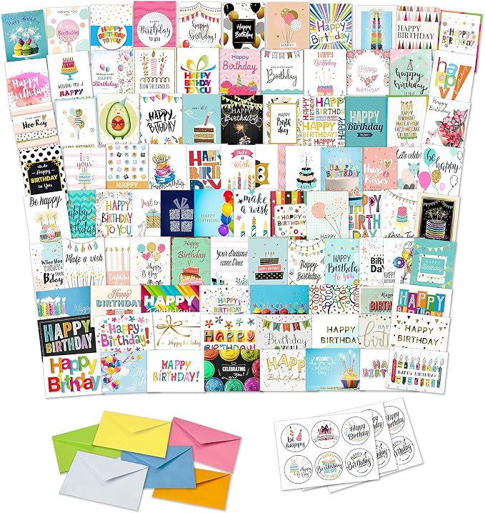 100 Unique Birthday Cards Assortment with Greetings Inside, Gold Foil Printing, Assorted Color Envelopes, 6 Sticker Designs to Seal Envelopes. 4x6 Inch