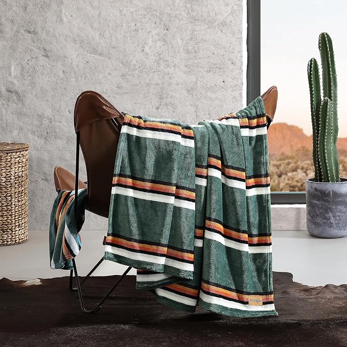 Wrangler - Queen Size Blanket, Ultra-Soft Plush Blanket, Medium Weight Cozy Bedding, Striped Americana Decor, College Dorm Room Essentials, Western Saddle Green