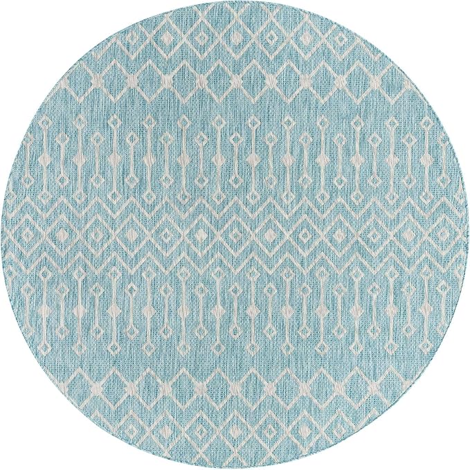 Unique Loom Outdoor Trellis Collection Area Rug - Tribal Trellis (7' 10" Round, Aqua/ Ivory)