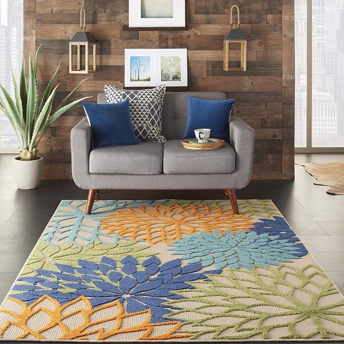 Nourison Home Aloha Indoor/Outdoor Multicolor 3'6" x 5'6" Area-Rug, Tropical, Botanical, Easy-Cleaning, Non Shedding, Bed Room, Living Room, Dining Room, Deck, Backyard, Patio (3x5)