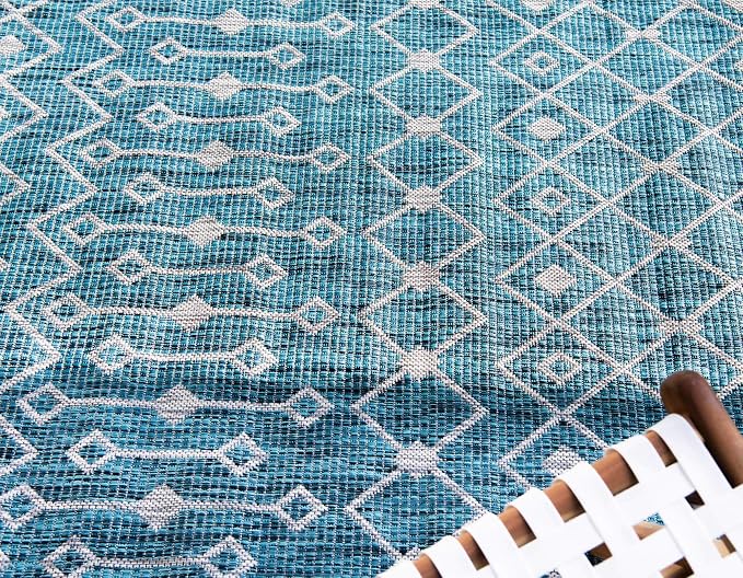 Unique Loom Outdoor Trellis Collection Area Rug - Tribal Trellis (4' 1" x 6' 1" Rectangle, Teal/ Ivory)