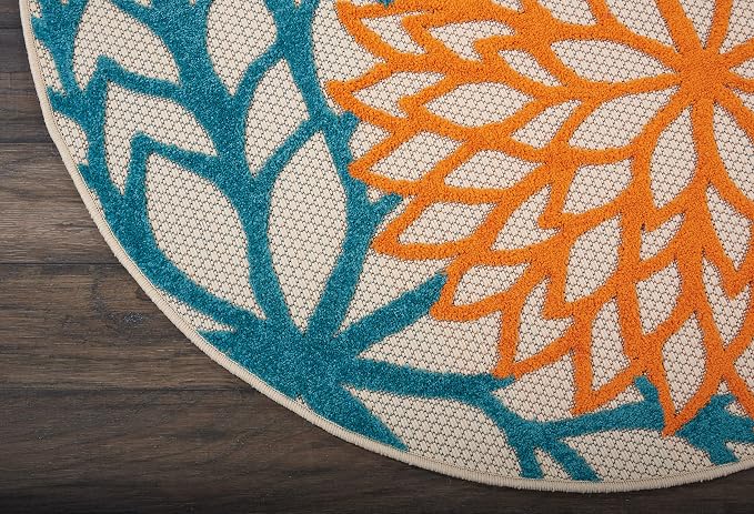 Nourison Home Aloha Indoor/Outdoor Multicolor 4' x Round Area Rug, Tropical, Botanical, Easy Cleaning, Non Shedding, Bed Room, Living Room, Dining Room, Deck, Backyard, Patio (4 Round)