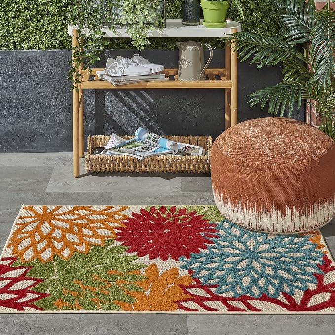 Nourison Home Aloha Indoor/Outdoor Green 2'8" x 4' Area Rug, Tropical, Botanical, Easy Clean, Non Shedding, Bed Room, Living Room, Dining Room, Deck, Backyard, Patio (3x4)