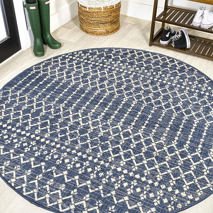 JONATHAN Y Moroccan Geometric Indoor Outdoor Round Area Rug 9 Ft Navy/Beige, Ourika Textured Weave for Backyard, Patio, Porch, Easy-Cleaning, High Traffic, Pet-Friendly, Non-Shedding (SMB108K-9R)