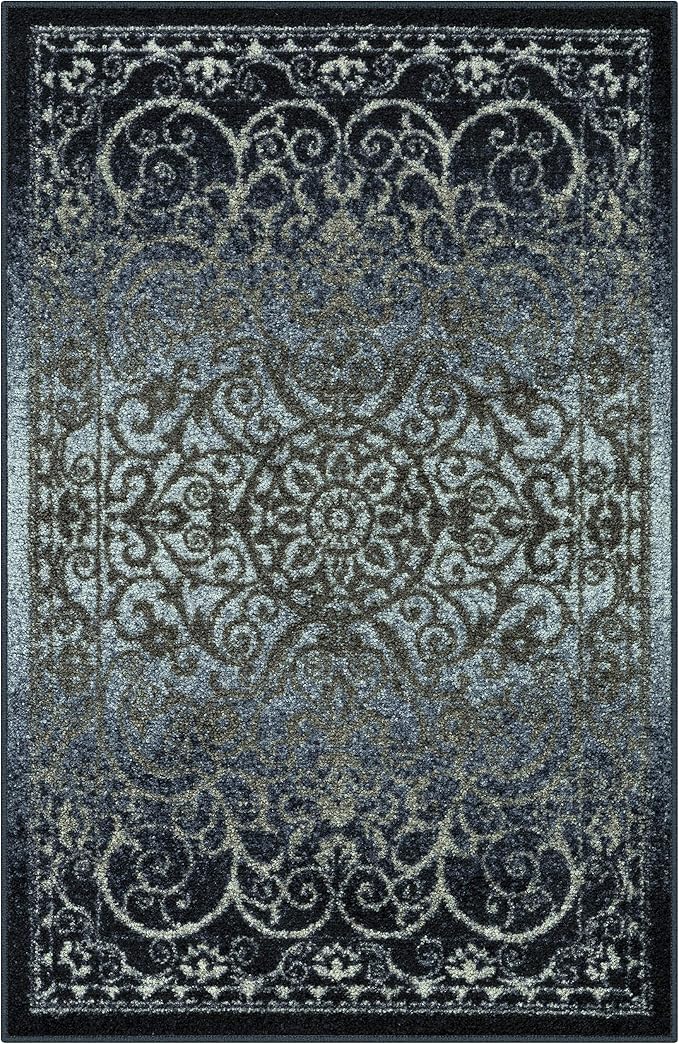 Maples Rugs Pelham Vintage Medallion Area Rugs - Made in USA - Washable, Non-Slip, Low Profile Indoor Rug for Entryway, Foyer, Kitchen, and Bathroom, 2'6 x 3'10, Navy/Grey
