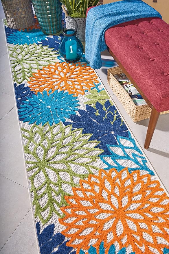 Nourison Home Aloha Indoor/Outdoor Multicolor 2'3" x 12' Area Rug, Tropical, Botanical, Easy Cleaning, Non Shedding, Bed Room, Living Room, Dining Room, Deck, Backyard, Patio (2x12)