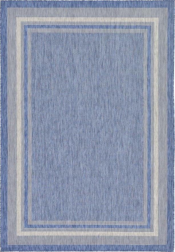 Unique Loom Outdoor Border Collection Area Rug - Soft Border (7' 1" x 10' Rectangle, Blue/ Ivory)