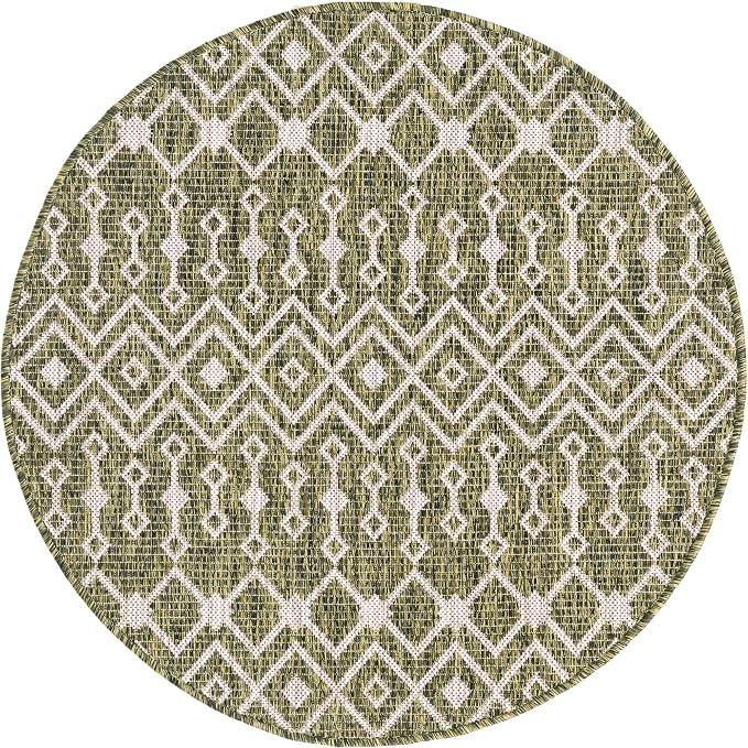 Unique Loom Outdoor Trellis Collection Area Rug - Tribal Trellis (3' 3" Round, Green/ Natural)