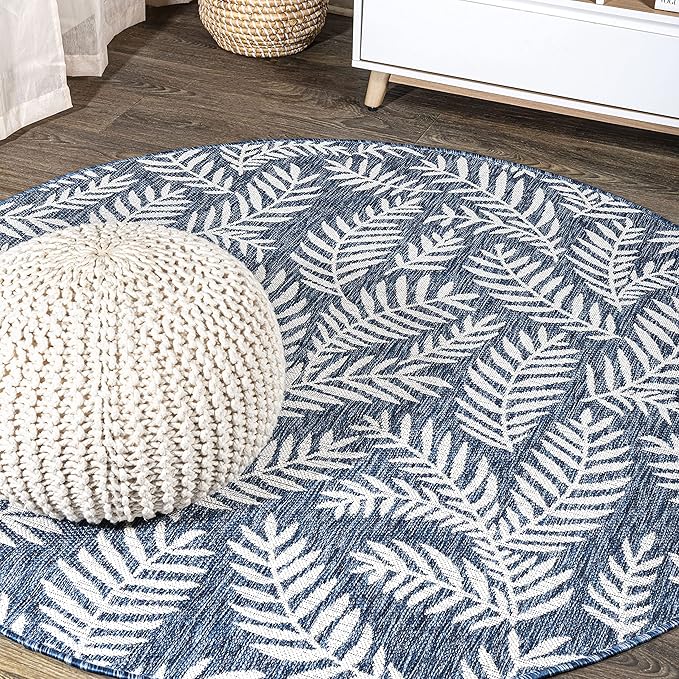 JONATHAN Y Palm Frond Indoor Outdoor Round Area Rug 6 Ft Navy/Ivory, Nevis for Backyard, Patio, Porch, Easy-Cleaning, High Traffic, Pet-Friendly, Non-Shedding (SMB119B-6R)