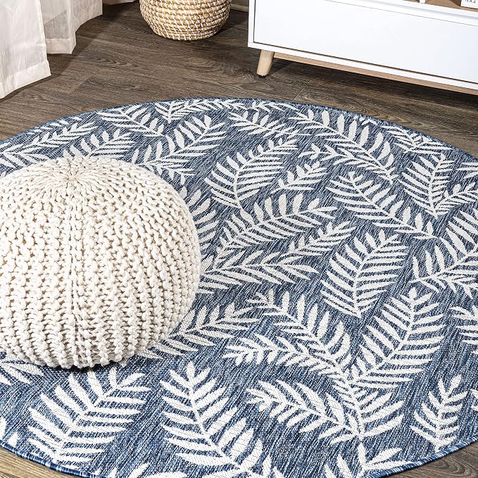 JONATHAN Y Palm Frond Indoor Outdoor Round Area Rug 8 Ft Navy/Ivory, Nevis for Backyard, Patio, Porch, Easy-Cleaning, High Traffic, Pet-Friendly, Non-Shedding (SMB119B-8R)