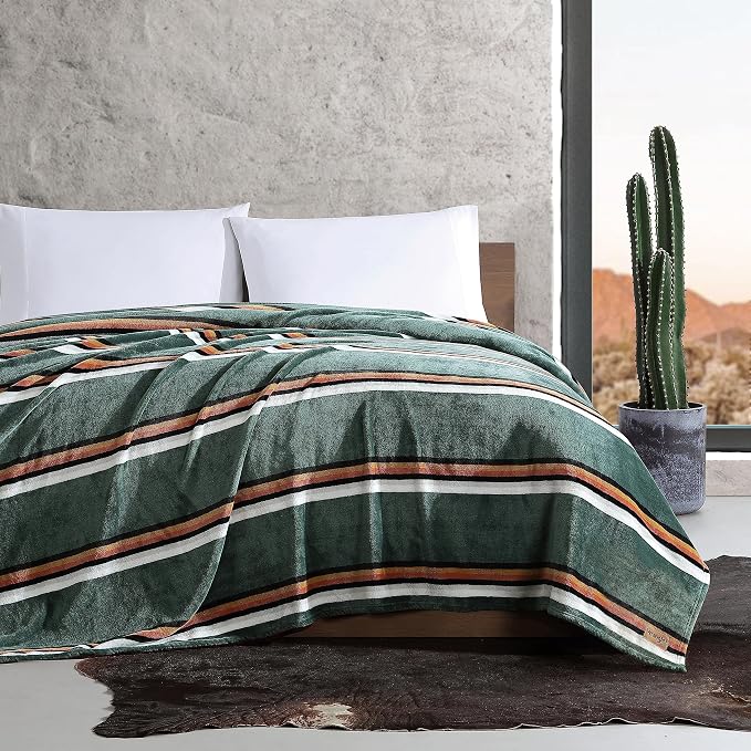 Wrangler - Queen Size Blanket, Ultra-Soft Plush Blanket, Medium Weight Cozy Bedding, Striped Americana Decor, College Dorm Room Essentials, Western Saddle Green
