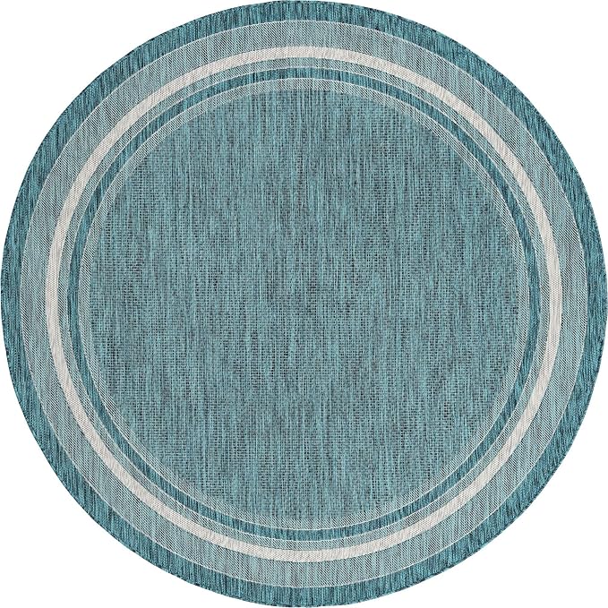Unique Loom Outdoor Border Collection Area Rug - Soft Border (7' 10" Round, Teal/ Ivory)