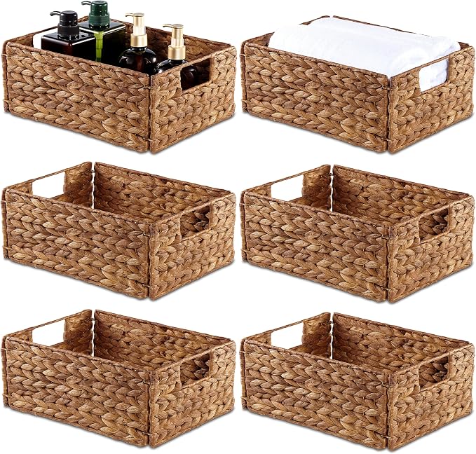Bluewest Woven Water Hyacinth Storage Baskets with Handles, 6-Pack, Brown | Organizer and laundry basket with carrying handles, designed as a rattan bin for shelves, closets and household essentials.