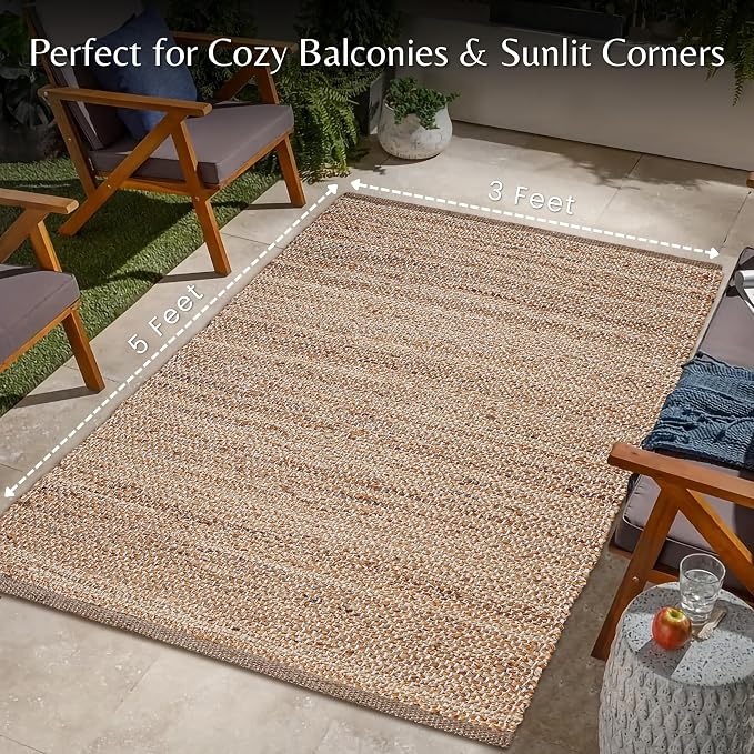 Hausattire Jute Woven Area Rug 3'x5' - Natural, Hand Braided Boho Rustic Rugs for Living Room, Kitchen | Farmhouse Indoor Outdoor Carpet for Nursery, Natural Fiber Patio Mat - 36x60 Inches