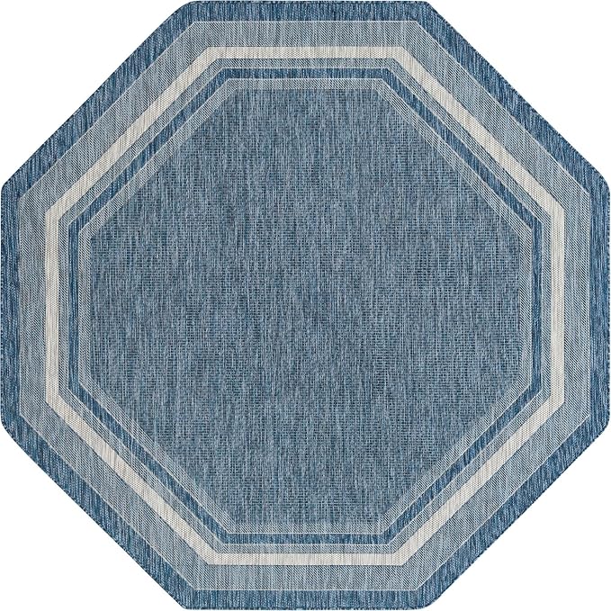 Unique Loom Outdoor Border Collection Area Rug - Soft Border (7' 10" Octagon, Blue/ Ivory)