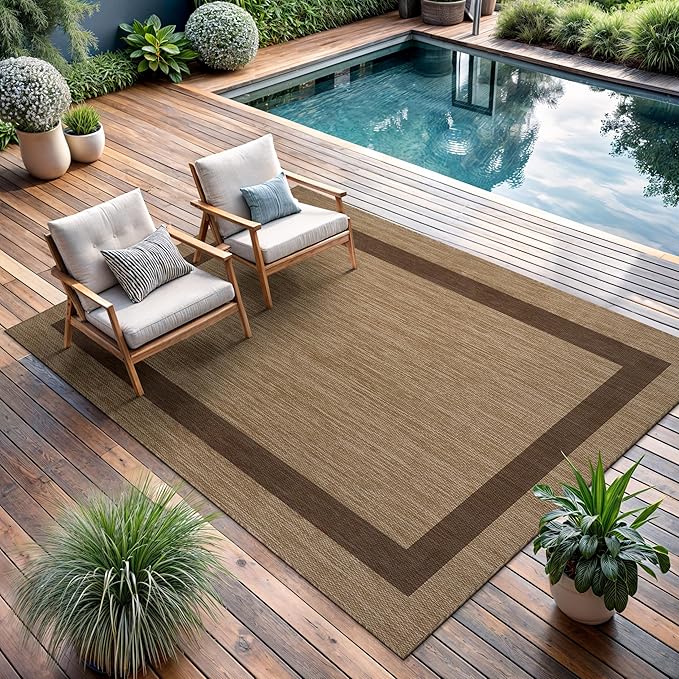 CAMILSON Outdoor Rug 9x12 - Large Modern Outside Rugs for Patios Porches Waterproof Durable Washable Non-Shedding, Easy-to-Clean Indoor Outdoor Area Carpet (9 x 12, Bordered - Jute)