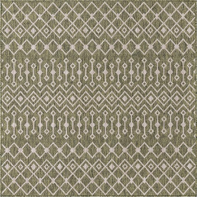 Unique Loom Outdoor Trellis Collection Area Rug - Tribal Trellis (5' 3" Square, Green/ Natural)