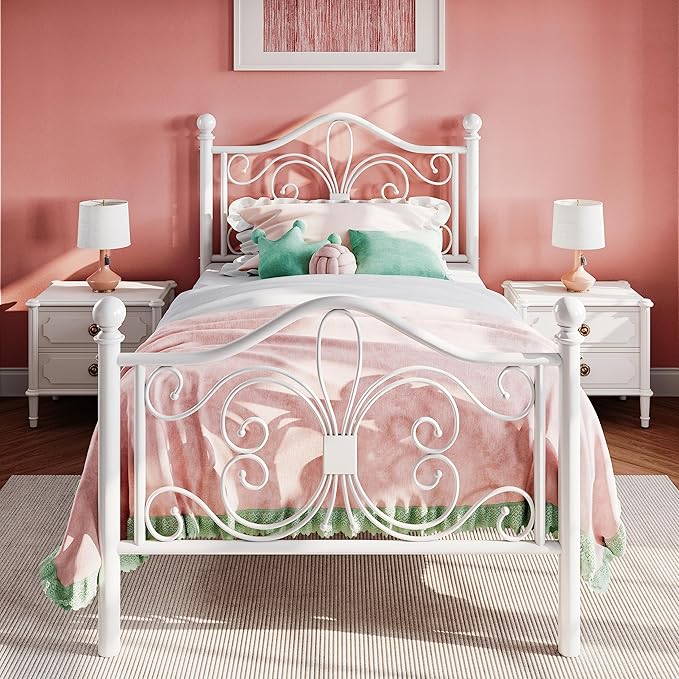 SHA CERLIN Twin Size Metal Bed Frame with Butterfly Headboard, White | Metal Platform Bed for Kids, Wrought Iron-Art Headboard/Footboard, Under-Bed Storage, No Box Spring Needed, Easy Assembly