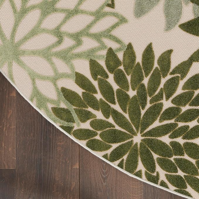 Nourison Home Aloha Indoor/Outdoor Ivory Green 5'3" x Round Area Rug, Easy Cleaning, Non-Shedding, Bed Room, Living Room, Dining Room, Backyard, Patio, Deck (5 Round)