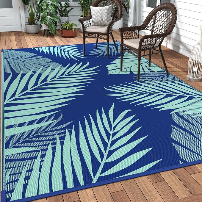 GENIMO Outdoor Rug, Waterproof Plastic Rugs for Patio, 8'x10' Navy Green | Outside Larger Leaf Carpet Mat for Porch Decor, Deck, Balcony, Camping, RV, Backyard, Picnic, Beach, Reversible, Foldable