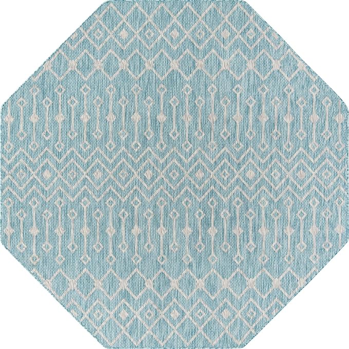 Unique Loom Outdoor Trellis Collection Area Rug - Tribal Trellis (7' 10" Octagon, Aqua/ Ivory)