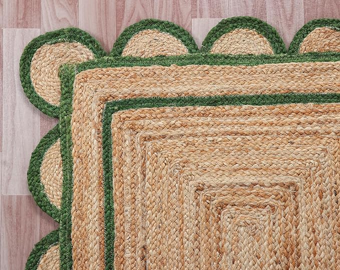 Scalloped Natural Jute Area Rug for Bedroom Living Room, Kitchen, Patio, Hallway, Entryway, Indoor, Outdoor, Farmhouse, Modern Carpet, Door Mat Green, 2x3 ft.