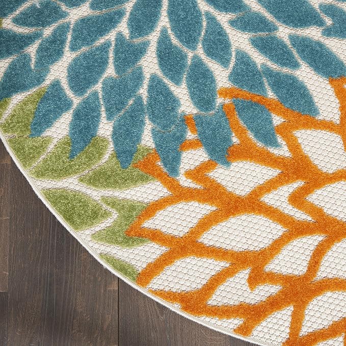 Nourison Home Aloha Turquoise Multicolor 4' x Round Area Rug - Easy Clean, Non Shedding, Bed Room, Living Room, Dining Room, Kitchen (4' x Round)
