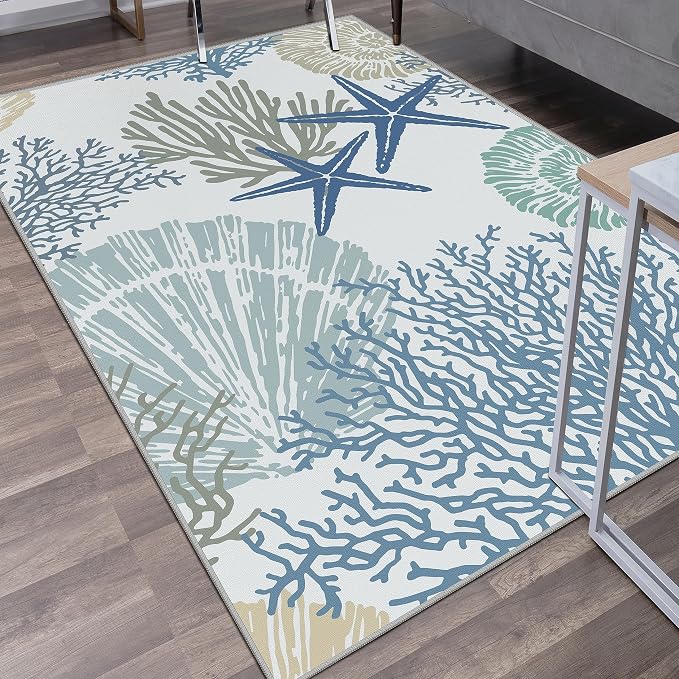Tritard Coastal Area Rug 3x5 - Small Machine Washable Foldable Throw Rugs Non-Slip Beach Ocean Entryway Indoor Entrance Carpet for Kitchen Bathroom Laundry Bedroom Living Room, Blue