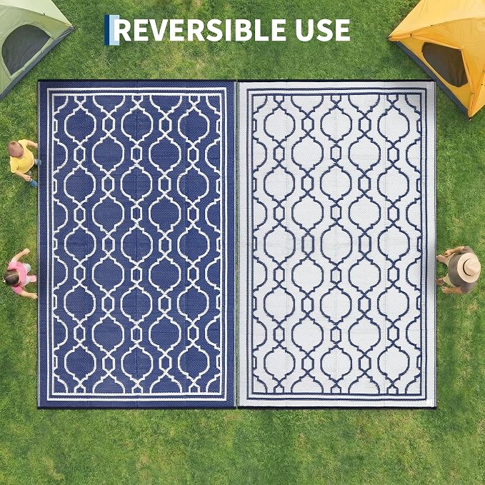 Garvee 9 x 12 Outdoor Rug Waterproof for Patio, Foldable Reversible Plastic Straw Area Rug, Large Mats for Camping, RV, Balcony, Deck, Picnic, Beach, Blue & White