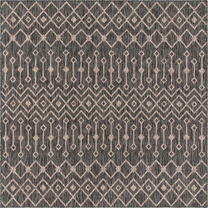 Unique Loom Outdoor Trellis Collection Area Rug - Tribal Trellis (7' 10" Square, Charcoal Gray/ Natural)