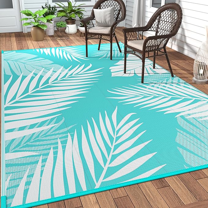 GENIMO Outdoor Rug, Waterproof Plastic Rugs for Patio, 8'x10' Ocean White | Outside Larger Leaf Carpet Mat for Porch Decor, Deck, Balcony, Camping, RV, Backyard, Picnic, Beach, Reversible, Foldable