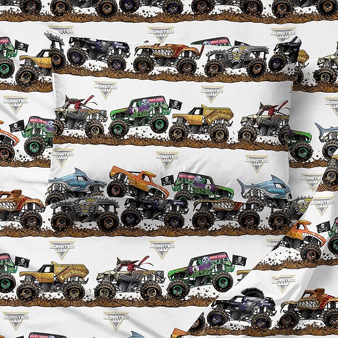 Jay Franco Kids Sheet Set with Fitted, Flat Sheets & Pillow Cover - Ultra-Soft Bedding with Pillowcase for Room Decor, Multi - Monster Jam, 4 Piece Queen