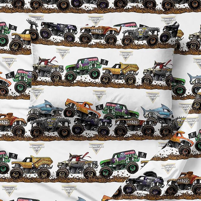 Jay Franco Kids Sheet Set with Fitted, Flat Sheets & Pillow Cover - Ultra-Soft Bedding with Pillowcase for Room Decor, Multi - Monster Jam, 4 Piece Full