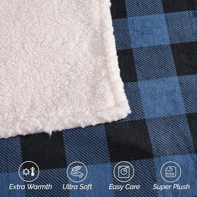 Elegant Comfort Ultra Soft Reversible Buffalo Plaid Flannel Sherpa Blanket - Cozy Silky Checkered Fleece Throw for Couch, Bed - Plush Fuzzy Warm Winter Blanket for Gift, King, Blue