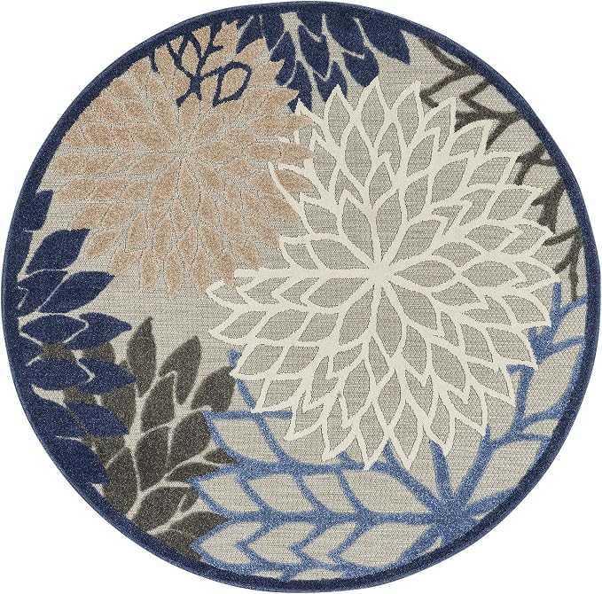 Nourison Home Aloha Indoor/Outdoor Blue/Multicolor 5'3" x Round Area Rug, Tropical, Botanical, Easy Cleaning, Non Shedding, Bed Room, Living Room, Dining Room, Deck, Backyard, Patio (5 Round)