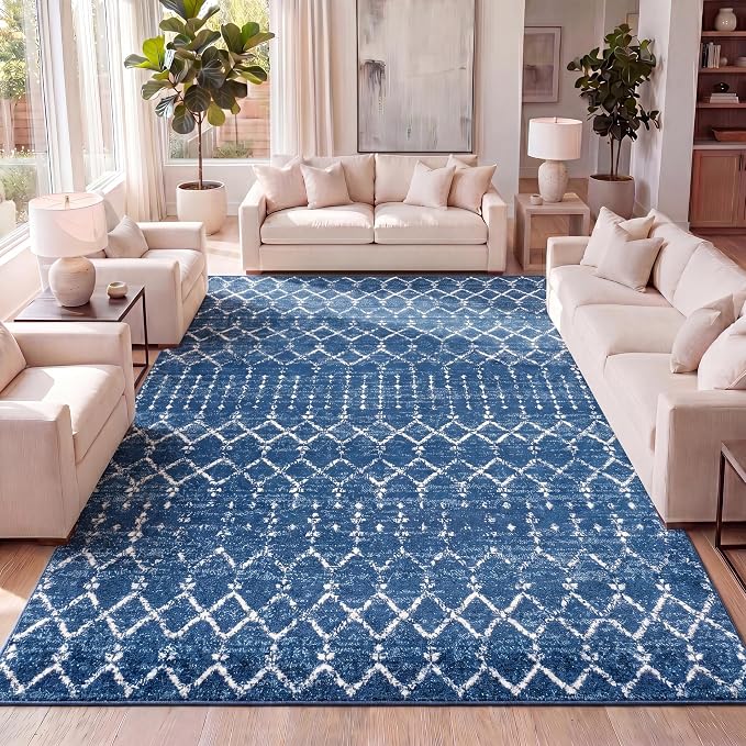 JONATHAN Y Boho Vintage Diamond Blue/White Indoor Area Rug 3X5 ft, Moroccan Hype for Living Room, Bedroom, Kitchen, Office, Easy-Cleaning, High Traffic, Pet-Friendly, Non-Shedding (MOH101A-3)