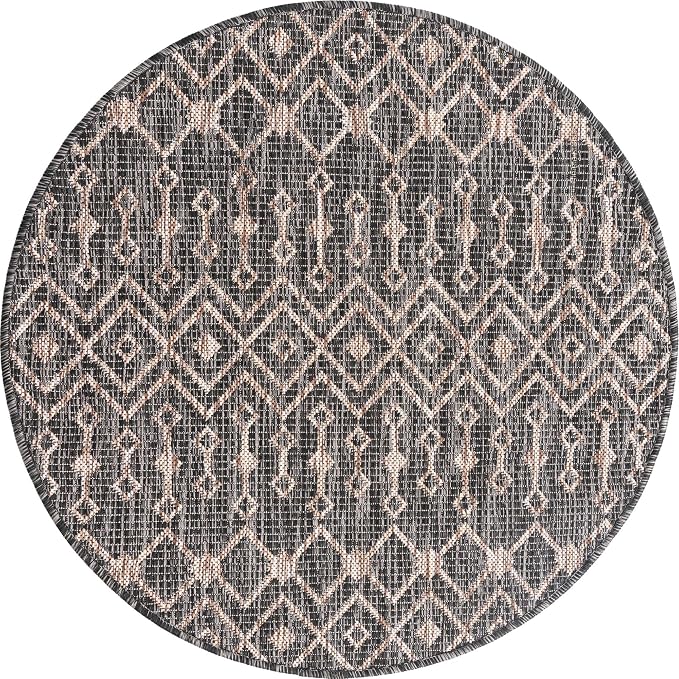 Unique Loom Outdoor Trellis Collection Area Rug - Tribal Trellis (3' 3" Round, Charcoal Gray/ Natural)