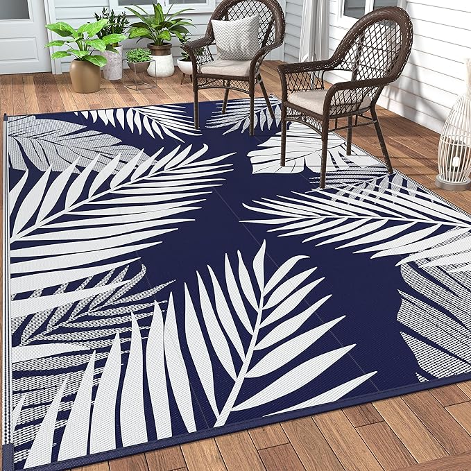 GENIMO Outdoor Rug 5' x 8' Waterproof for Patios Clearance, Reversible Outdoor Plastic Straw Camping Rug Carpet, Large Area Rugs Mats for RV, Picnic, Backyard, Deck, Balcony, Porch, Beach, Blue&White | Outside Larger Leaf Carpet Mat for Porch Decor, De...