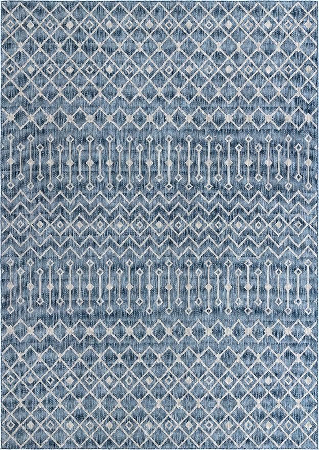 Unique Loom Outdoor Trellis Collection Area Rug - Tribal Trellis (10' x 14' 1" Rectangle, Blue/ Ivory)