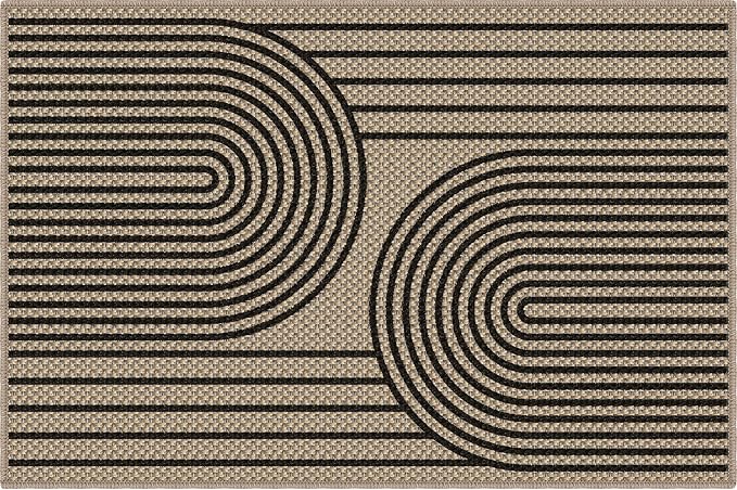 Faux Jute Front Door Mat, 2' x 3' Entryway Porch Rug, Black Farmhouse Ultra-Thin Washable Non-Slip Mat for Indoor Foyer & Outdoor Patio Decor