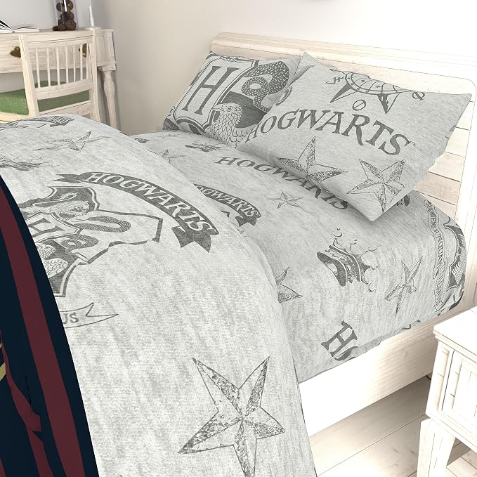 Jay Franco Kids Sheet Set with Fitted, Flat Sheets & Pillow Cover - Ultra-Soft Bedding with Pillowcase for Room Decor, Gray - Harry Potter, 3 Piece Twin