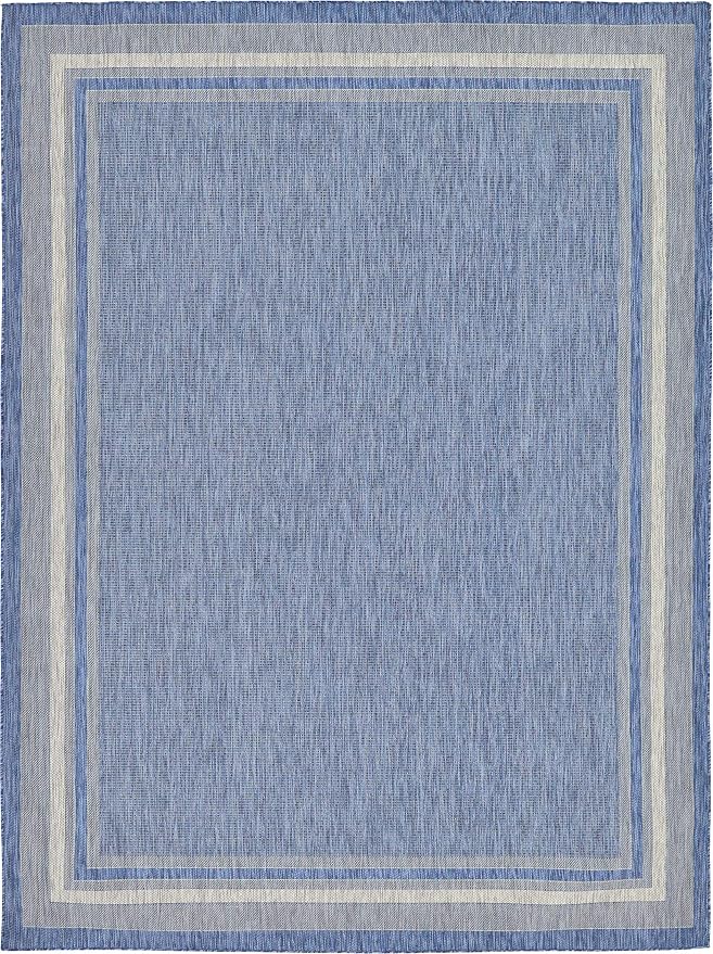 Unique Loom Outdoor Border Collection Area Rug - Soft Border (9' x 12' Rectangle, Blue/ Ivory)