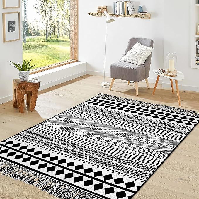 IOHOUZE Black Boho Area Rug - 4'x6' Cotton Woven Indoor Outdoor Doormat, Black White Runners for Hallways, Machine Washable Runner Rug for Kitchen Bedroom Living Room Laundry Entryway