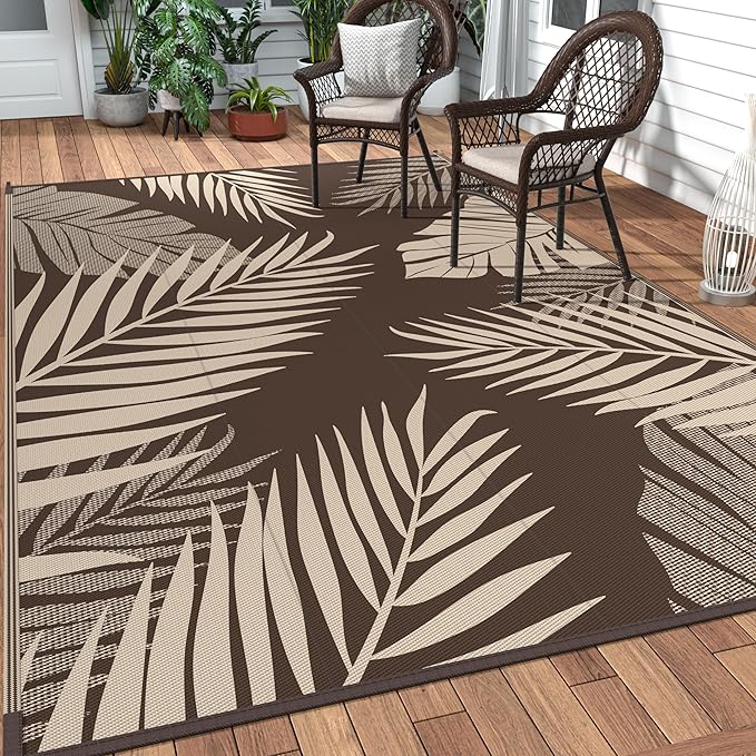 GENIMO Outdoor Rug, Waterproof Plastic Rugs for Patio, 6'x9' Coffee Beige | Outside Larger Leaf Carpet Mat for Porch Decor, Deck, Balcony, Camping, RV, Backyard, Picnic, Beach, Reversible, Foldable